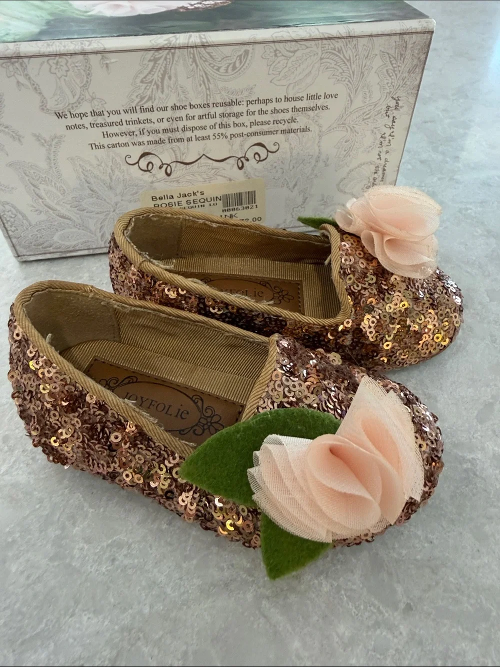 Joyfolie Rose Gold Sequin Slip-On Shoes with Pink Flower